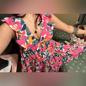Multi-color floral print ruffle trim dress